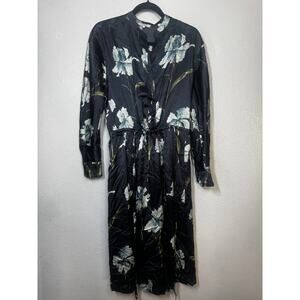 Vince Iris Dress Black Blue Floral Button Front Tie Waist Long Sleeve Sz S